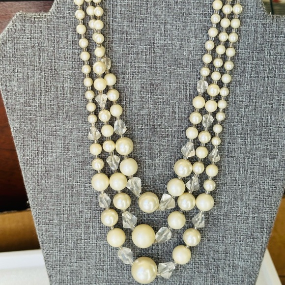 VTG Japan Faux Pearls and Crystal Glass Beads 3 Strand Necklace 16” - Picture 8 of 8